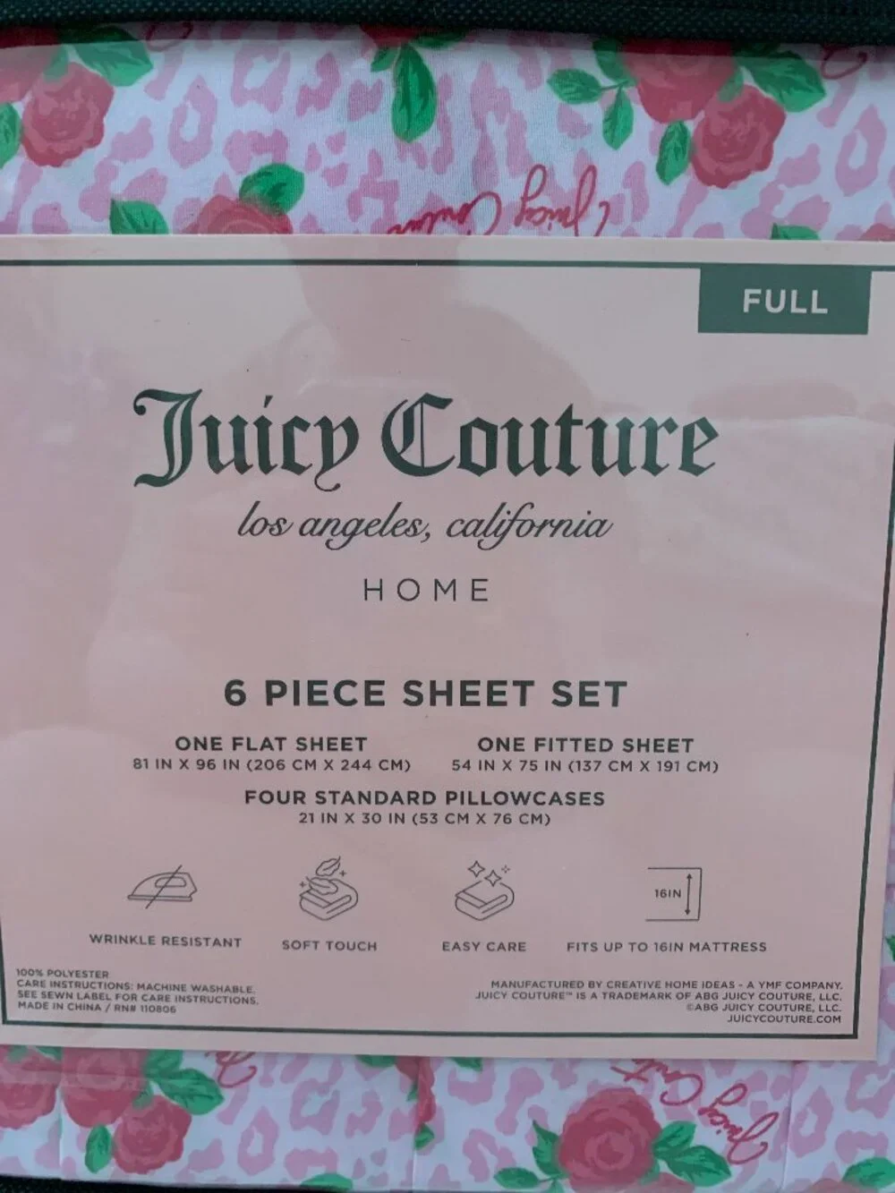 JUICY COUTURE Rose Animal Printed Full Sized Bed Sheets Set in Pink Multi